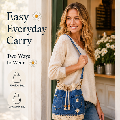 ⚠️Promo Limitée !Handmade Daisy Denim Crochet Bucket Bag – 2-Way Shoulder & Crossbody Style