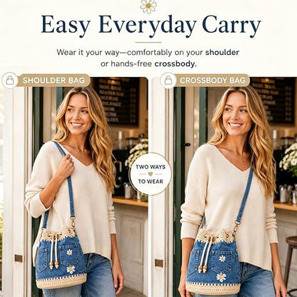 ⚠️Promo Limitée !Handmade Daisy Denim Crochet Bucket Bag – 2-Way Shoulder & Crossbody Style