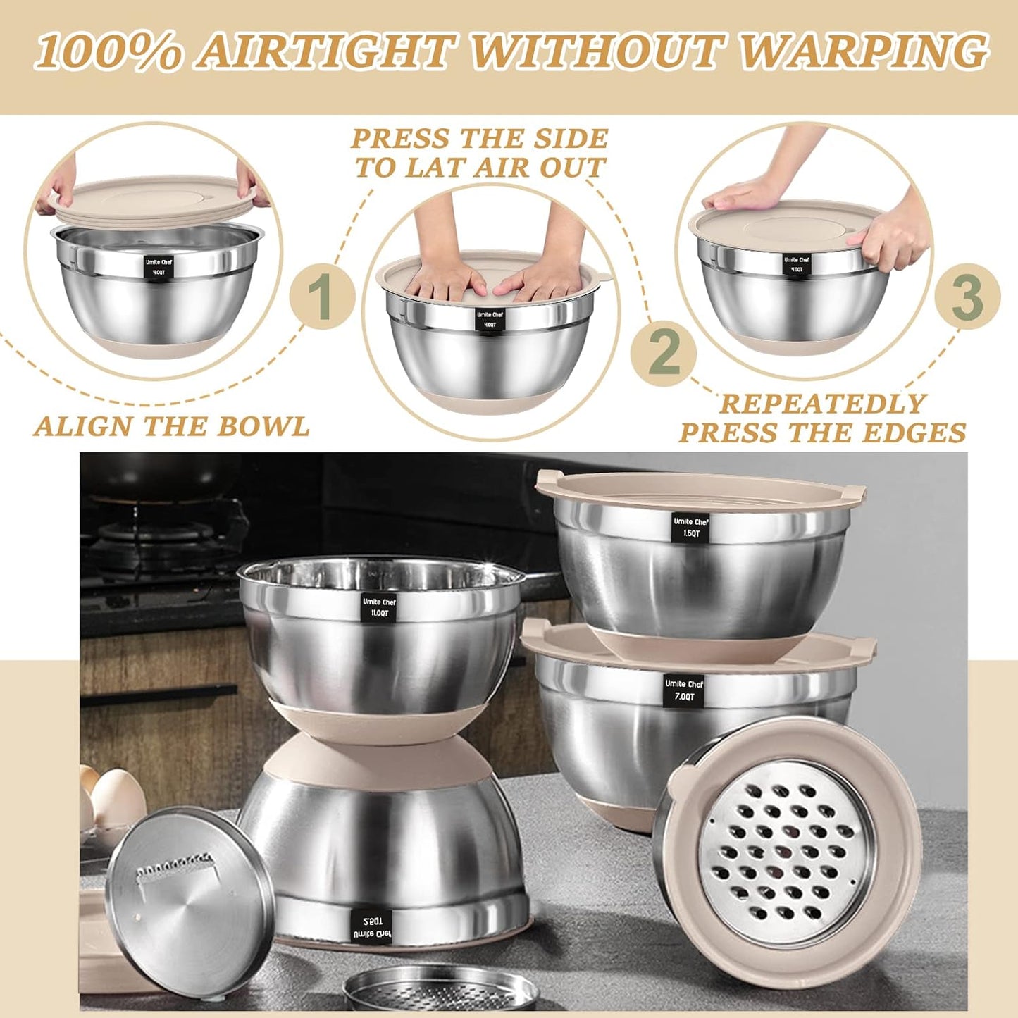 🔥Mixing Bowls with Airtight Lids Set, 26PCS Stainless Steel Khaki Bowls with Grater Attachments