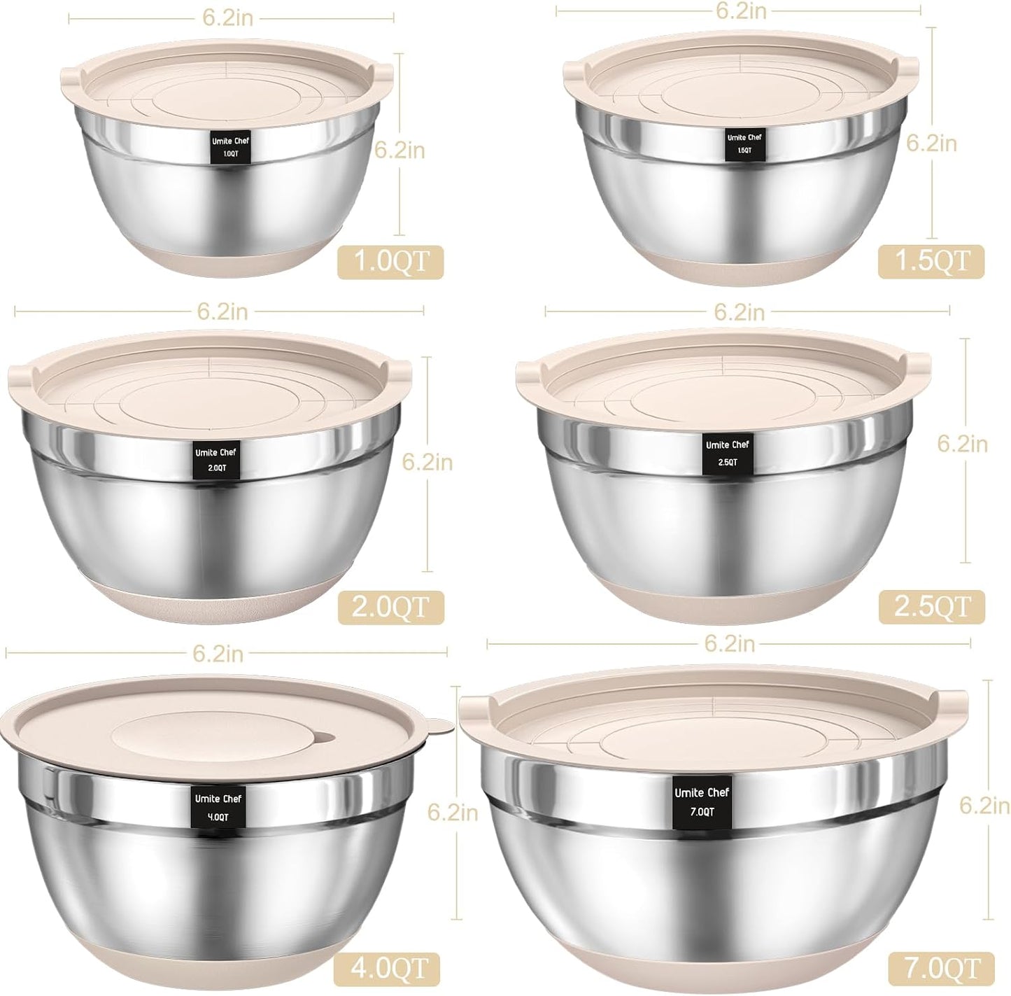 🔥Mixing Bowls with Airtight Lids Set, 26PCS Stainless Steel Khaki Bowls with Grater Attachments