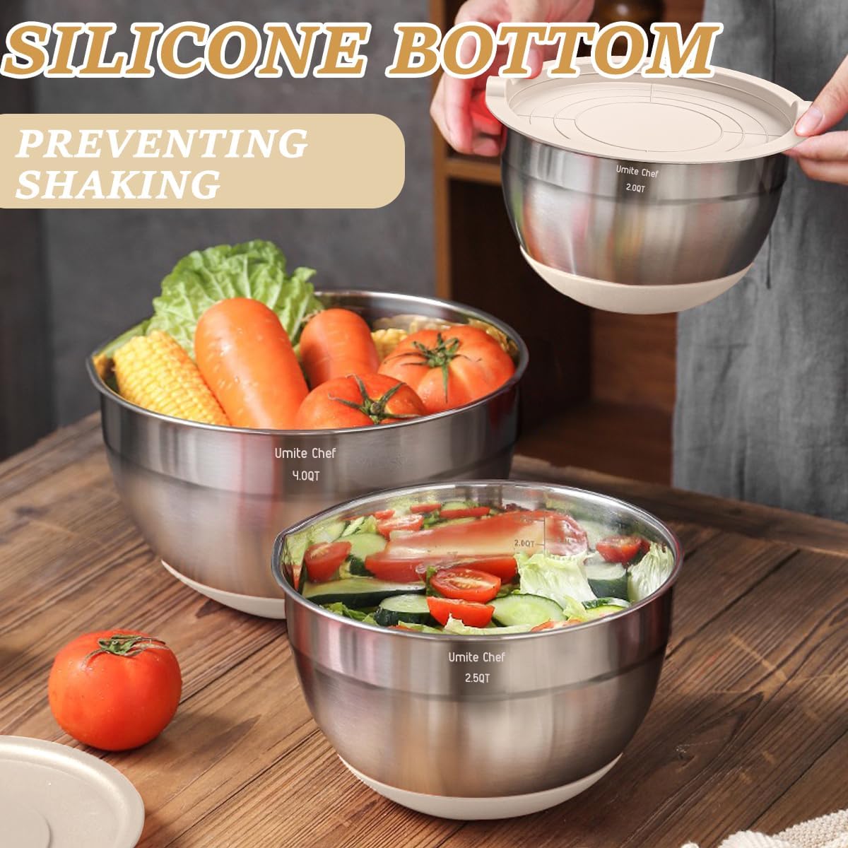 🔥Mixing Bowls with Airtight Lids Set, 26PCS Stainless Steel Khaki Bowls with Grater Attachments