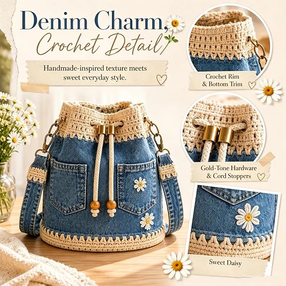 ⚠️Promo Limitée !Handmade Daisy Denim Crochet Bucket Bag – 2-Way Shoulder & Crossbody Style