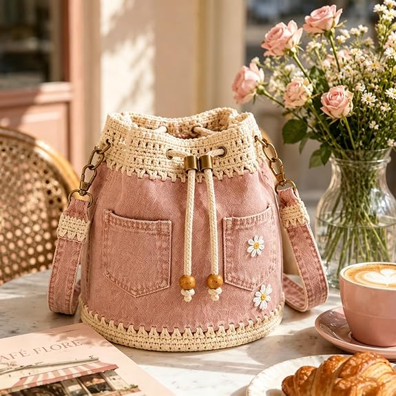 ⚠️Promo Limitée !Handmade Daisy Denim Crochet Bucket Bag – 2-Way Shoulder & Crossbody Style