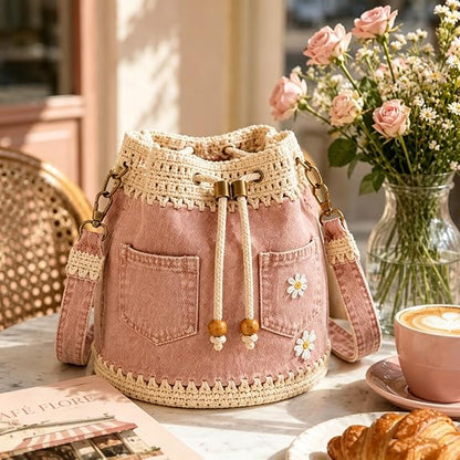 ⚠️Promo Limitée !Handmade Daisy Denim Crochet Bucket Bag – 2-Way Shoulder & Crossbody Style