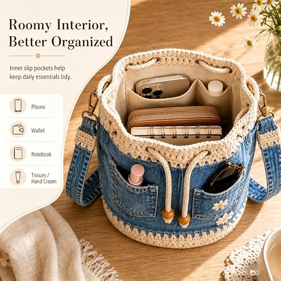 ⚠️Promo Limitée !Handmade Daisy Denim Crochet Bucket Bag – 2-Way Shoulder & Crossbody Style