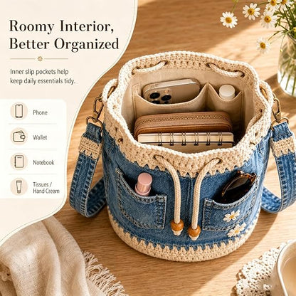 ⚠️Promo Limitée !Handmade Daisy Denim Crochet Bucket Bag – 2-Way Shoulder & Crossbody Style