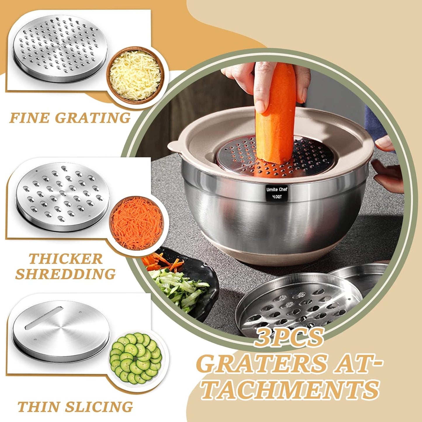 🔥Mixing Bowls with Airtight Lids Set, 26PCS Stainless Steel Khaki Bowls with Grater Attachments