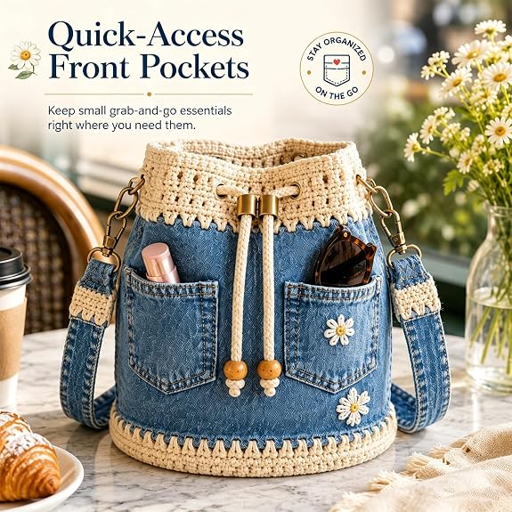 ⚠️Promo Limitée !Handmade Daisy Denim Crochet Bucket Bag – 2-Way Shoulder & Crossbody Style