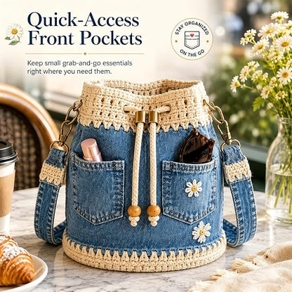 ⚠️Promo Limitée !Handmade Daisy Denim Crochet Bucket Bag – 2-Way Shoulder & Crossbody Style