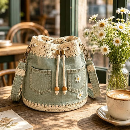 ⚠️Promo Limitée !Handmade Daisy Denim Crochet Bucket Bag – 2-Way Shoulder & Crossbody Style