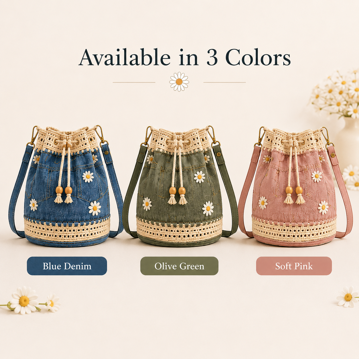 ⚠️Promo Limitée !Handmade Daisy Denim Crochet Bucket Bag – 2-Way Shoulder & Crossbody Style
