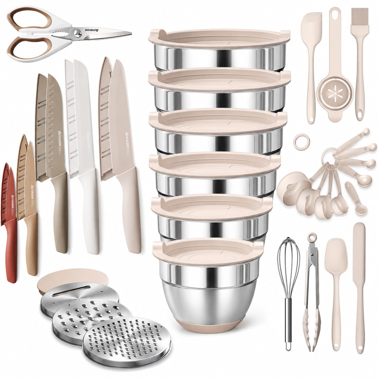 🔥Mixing Bowls with Airtight Lids Set, 26PCS Stainless Steel Khaki Bowls with Grater Attachments