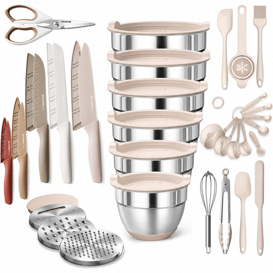 🔥Mixing Bowls with Airtight Lids Set, 26PCS Stainless Steel Khaki Bowls with Grater Attachments